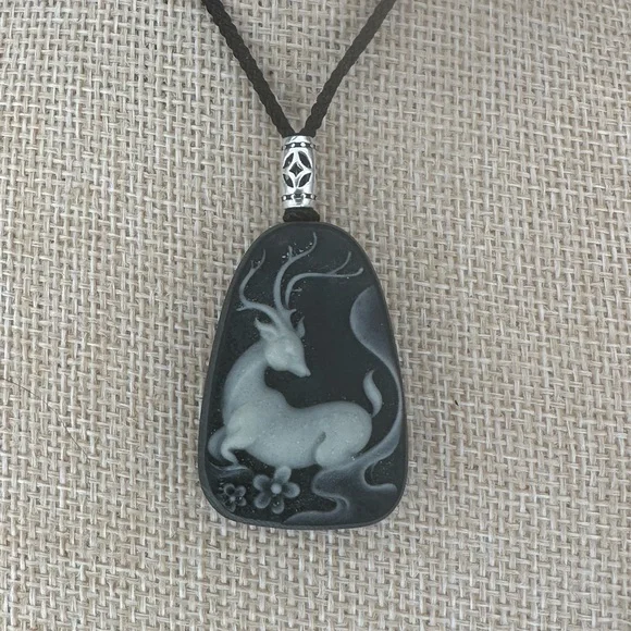 Tai Chi Stone Deer Pendant Necklace, Sterling Silver Accent on Adjustable Rope - Picture 8 of 9